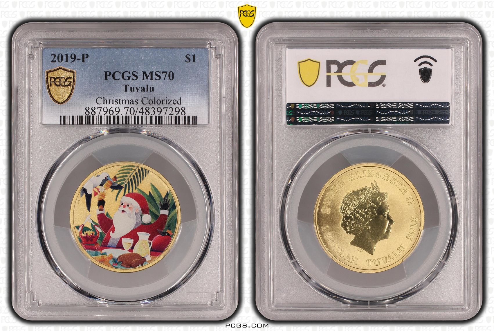 Tuvalu, Christmas Colorized POP 8/0, One Dollar, 2019-P, PCGS MS70