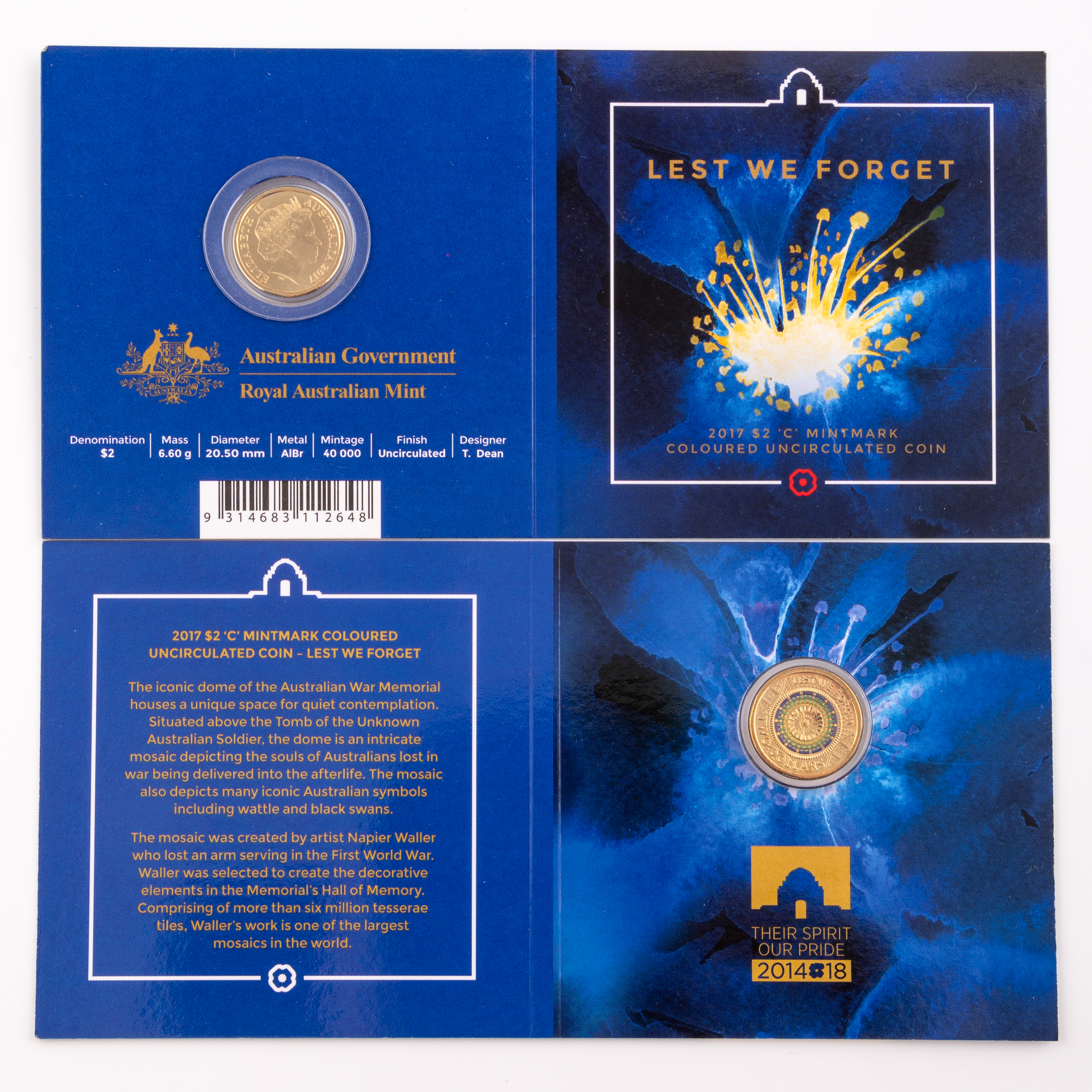 250 · Elizabeth II, Lest We Forget Carded Coin, Two Dollar, 2017-C,  UNC