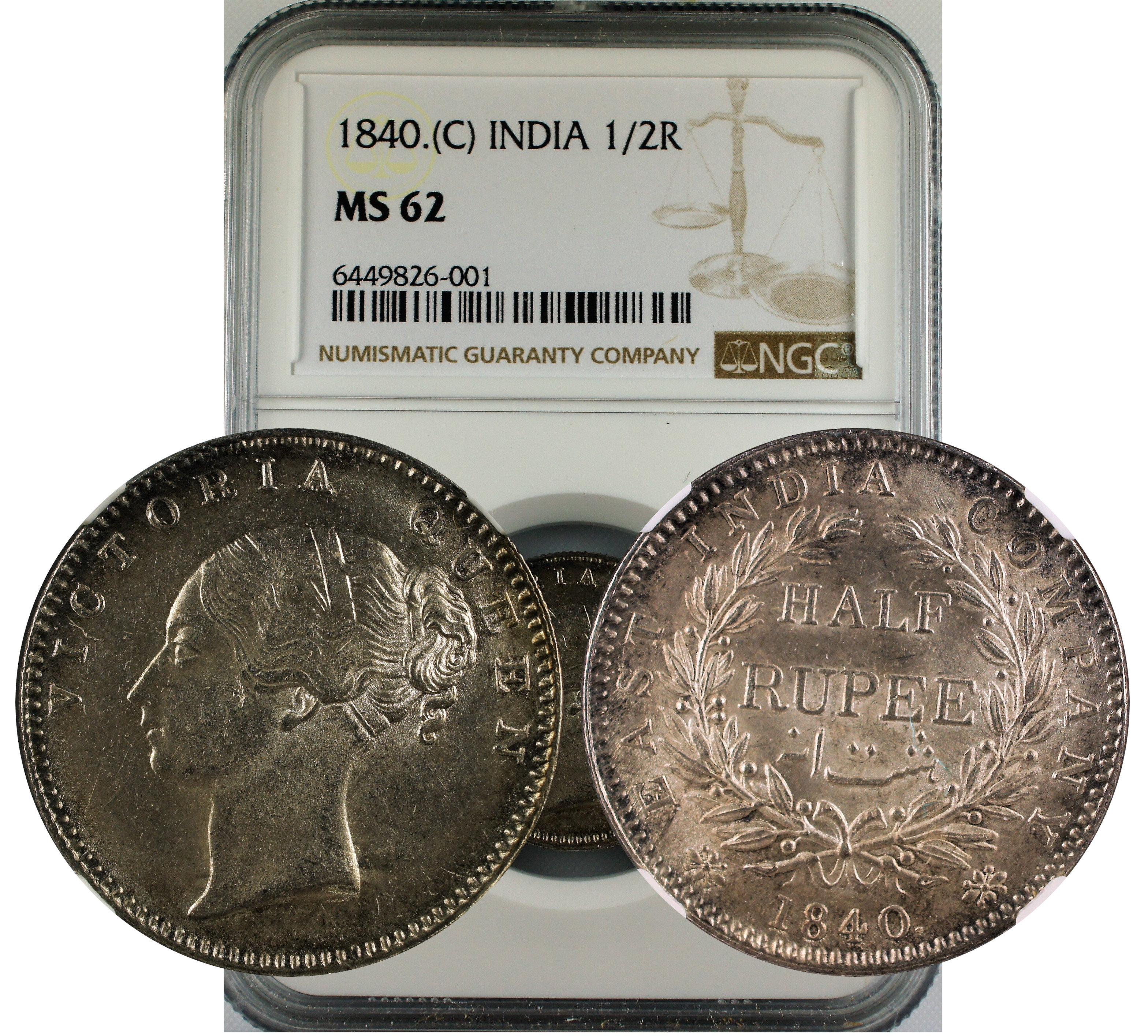 1840 C INDIA 1/2 RUPEE MS62