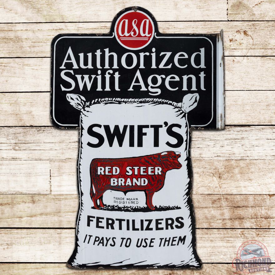 Swift's Red Steer Brand Fertilizers Die Cut DS Porcelain Flange Sign