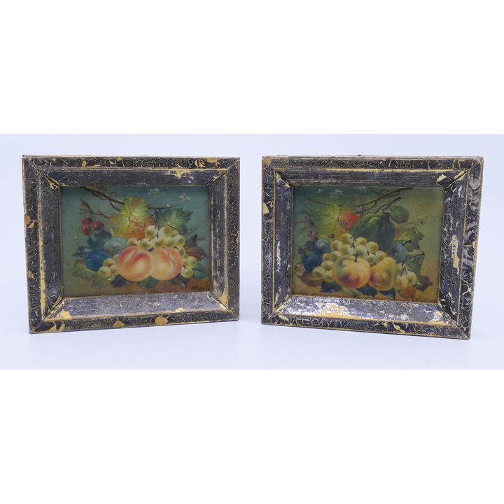 Pair Antique Miniature Fruit Still Life Paintings on Milk Glass Illegible Signed