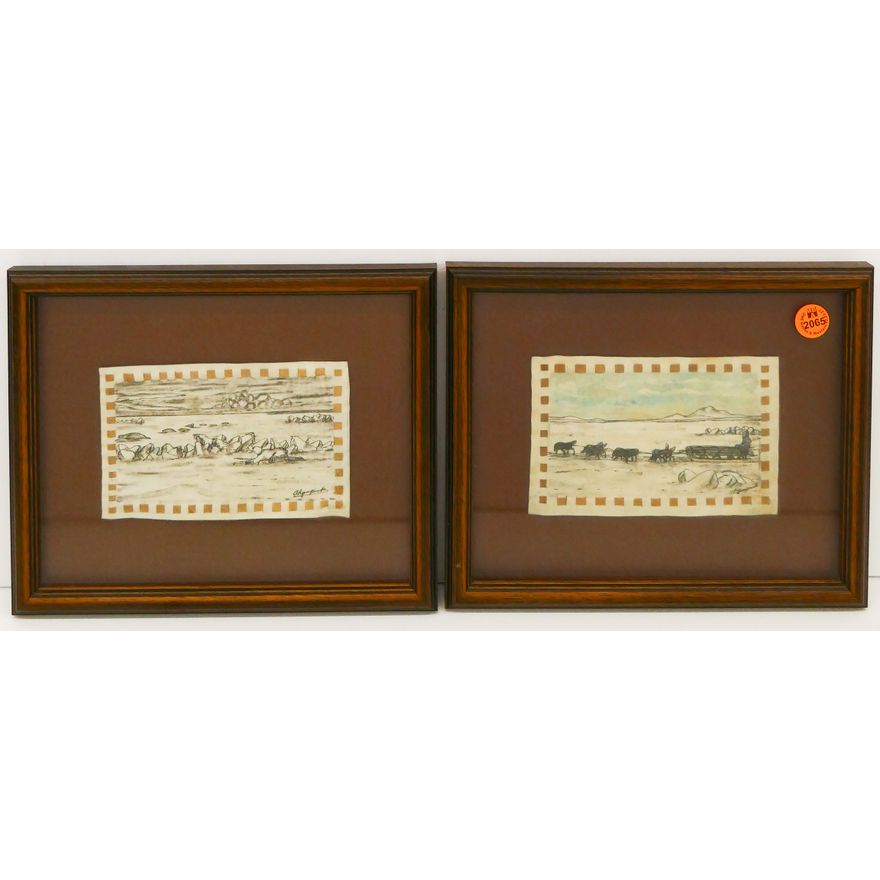 Pair George Ahgupuk Eskimo Ink Drawings on Reindeer Skin Framed 8'' x 9.5''