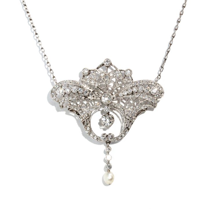 Old Cut Diamond & Pearl Platinum Necklace