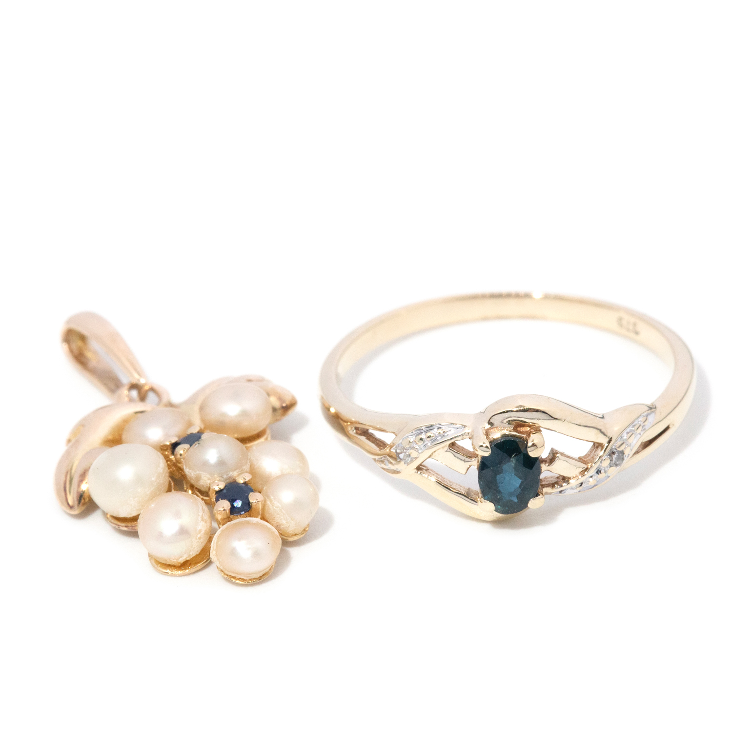 Sapphire & Diamond Ring & Pearl & Sapphire Pendant in 9ct Gold
