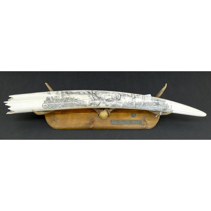 ''First Time In Water'' Large Scrimshawed Walrus Tusk on Stand Signed RK 26''