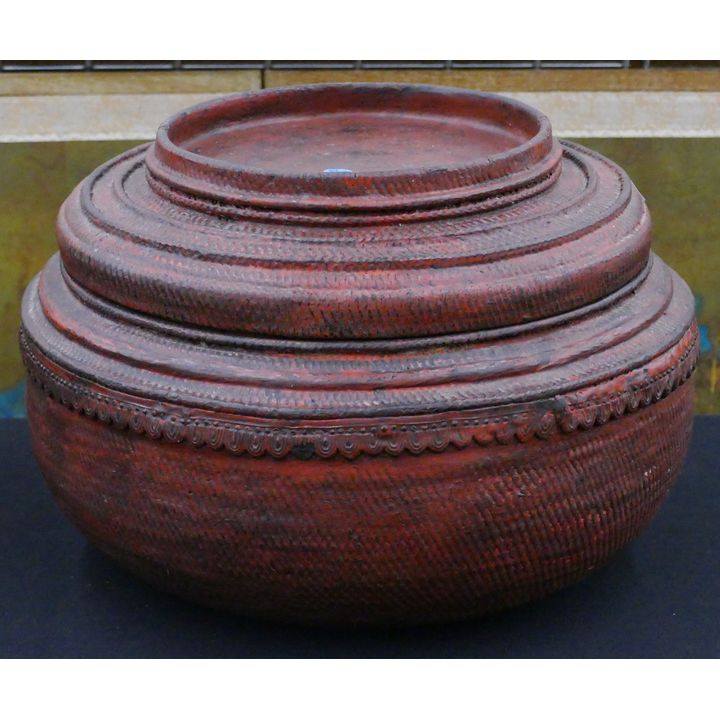 Old Burmese Red Lacquered Food Bowl Box 11''x16''