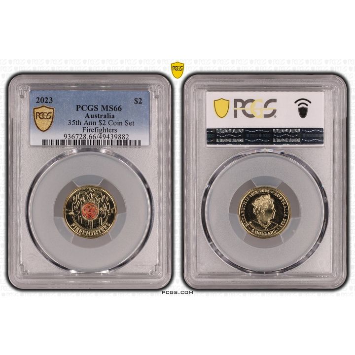 Elizabeth II, 35th Ann $2 Coin Set Colorized - Firefighters , Two Dollar, 2023, PCGS MS66