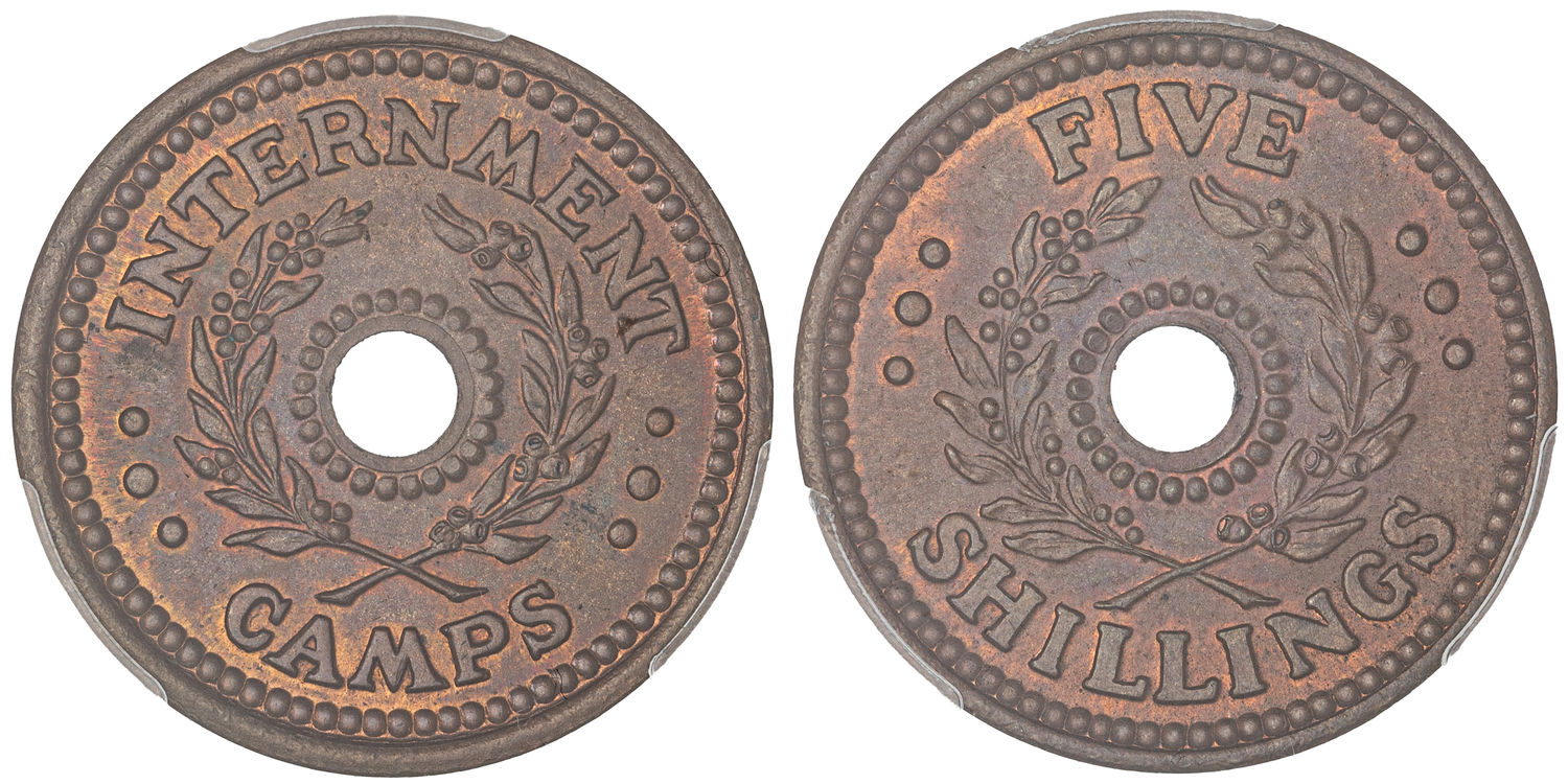 Hay Internment Camp, Five Shillings, WWII, PCGS MS65BN