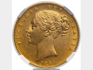 1865 NGC MS62 VICTORIA SHIELD GOLD SOVEREIGN