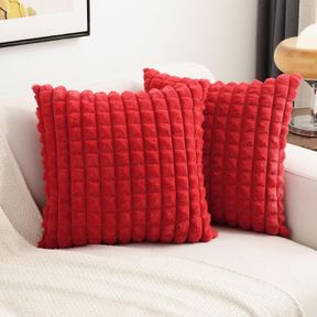 FUTEI RED DECORATIVE THROW PILLOW COVERS 18X18 INCH SET OF 2,SQUARE CUSHION CASE,FLUFFY FAUX RABBIT FUR PLAID & SOFT VELVET BACK,M