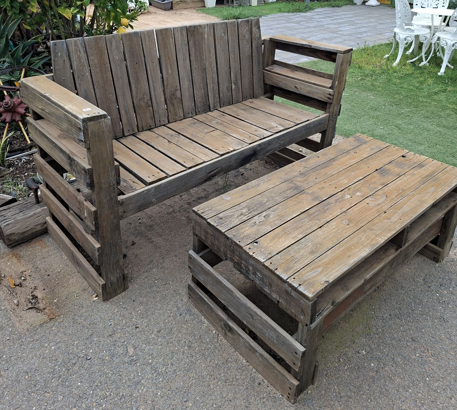 WOODEN SLATTED GARDEN BENCH AND TABLE