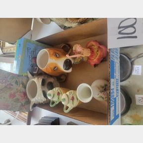 Dog mugs, cat coaster and other vintage containers