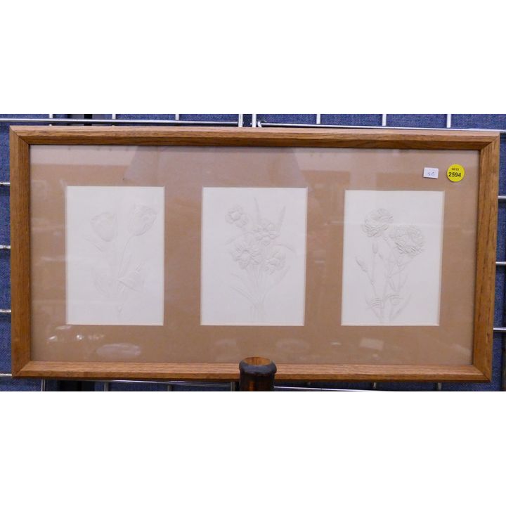 Triptych Flower Embossed Etching Framed- 11x21''