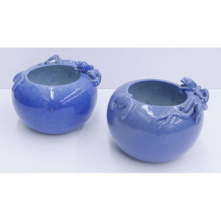 2pc Chinese Republic Blue Monochrome Dragon & Bat Bowls