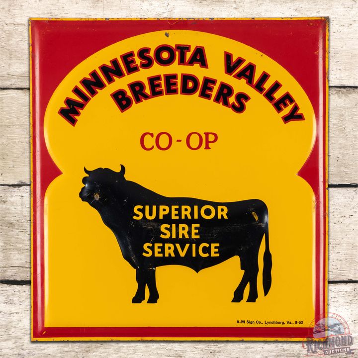 1953 Minnesota Valley Breeders CO-OP Emb. Single Sided Tin Sign w/ Bull