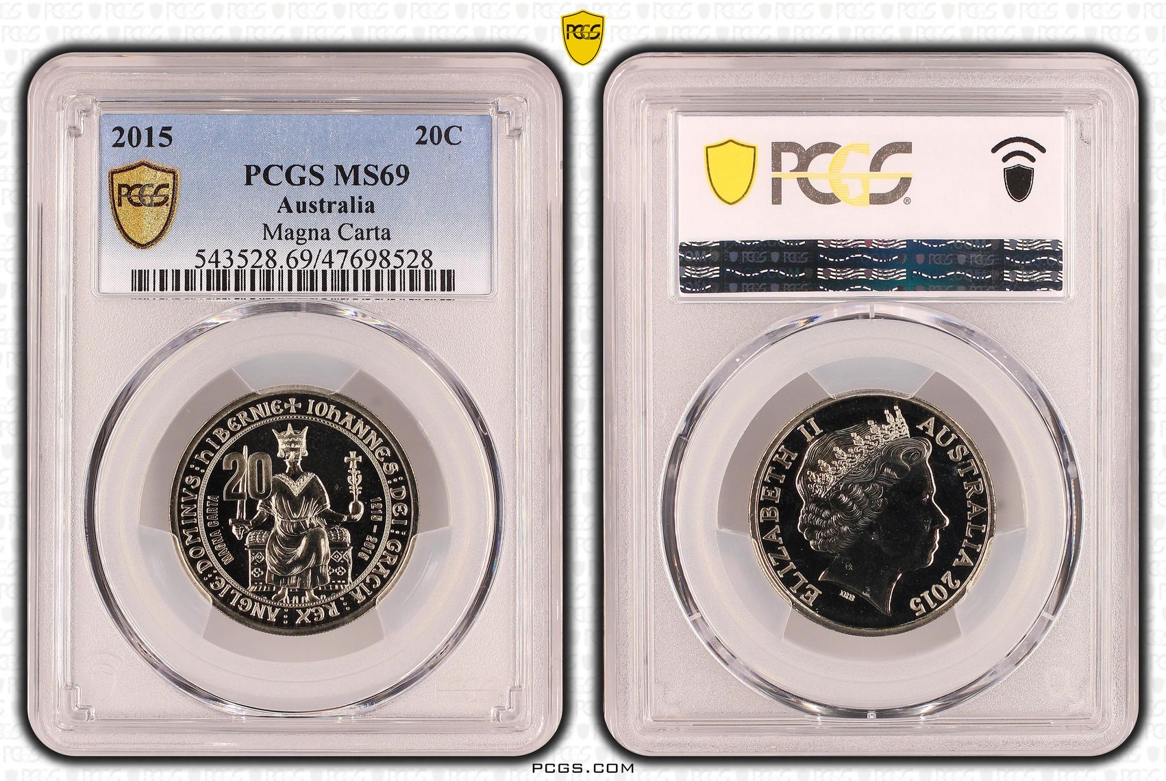 Elizabeth II, Magna Carta, Pop 12/0, Twenty Cent, 2015, PCGS MS69