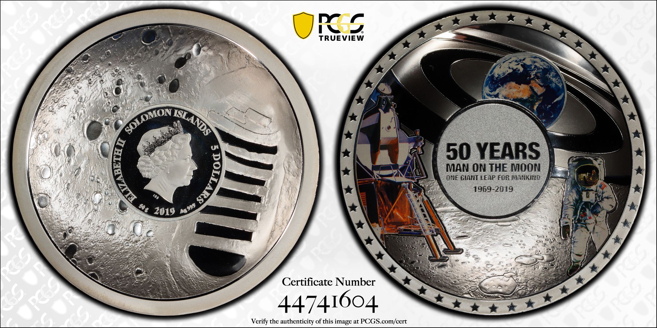 Solomon Islands, 50th Anniversary-Man on The Moon POP 3/0, Five Dollar, 2019, PCGS PR70DCAM