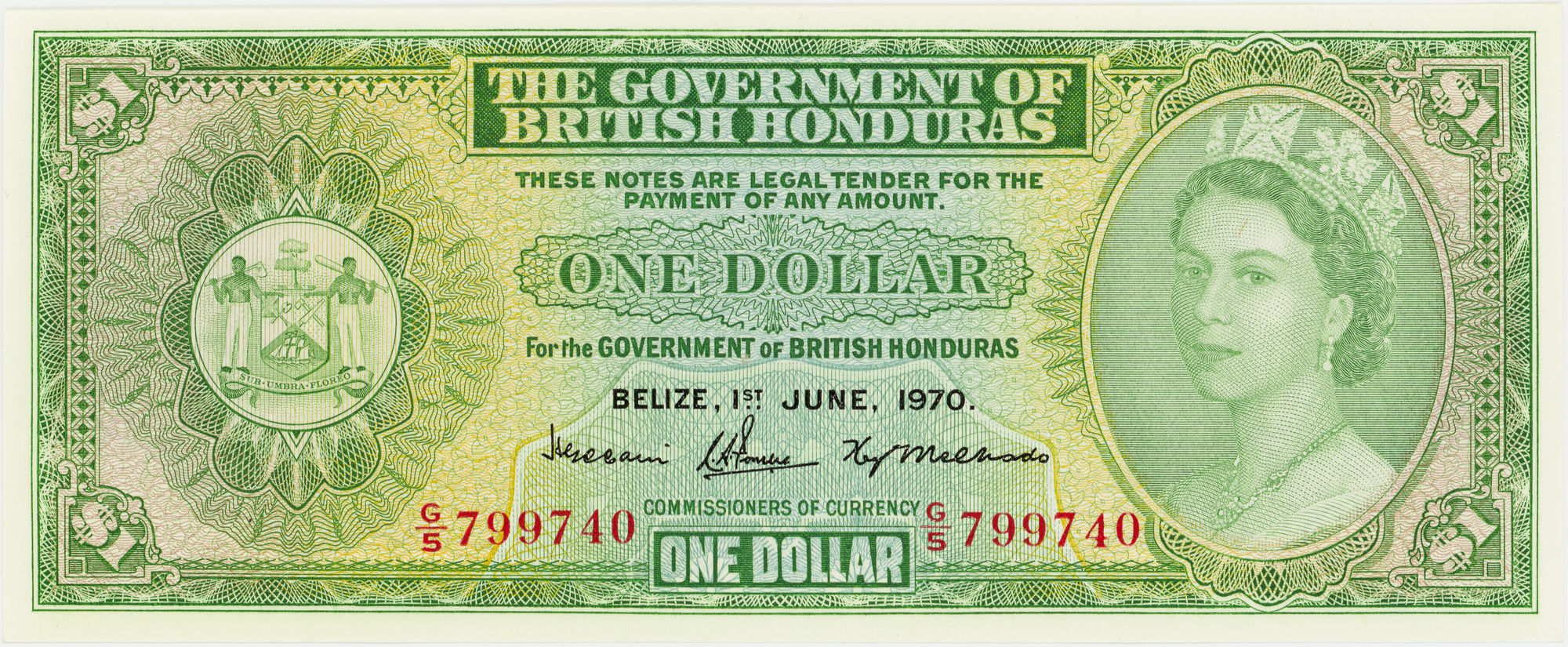 British Honduras, Elizabeth II, One Dollar, 1970, UNC