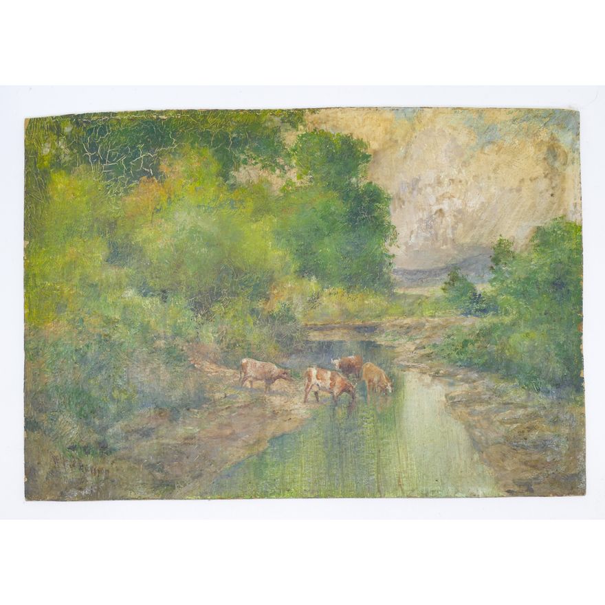 Wilfred Davison (1863-1945 American) ''Cows in Landscape'' Oil on Board 7''x10''