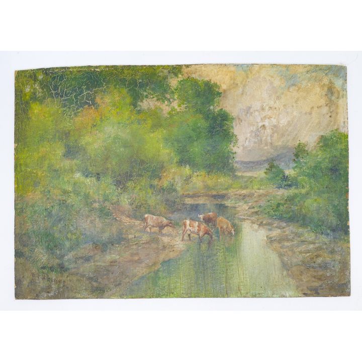 Wilfred Davison (1863-1945 American) ''Cows in Landscape'' Oil on Board 7''x10''