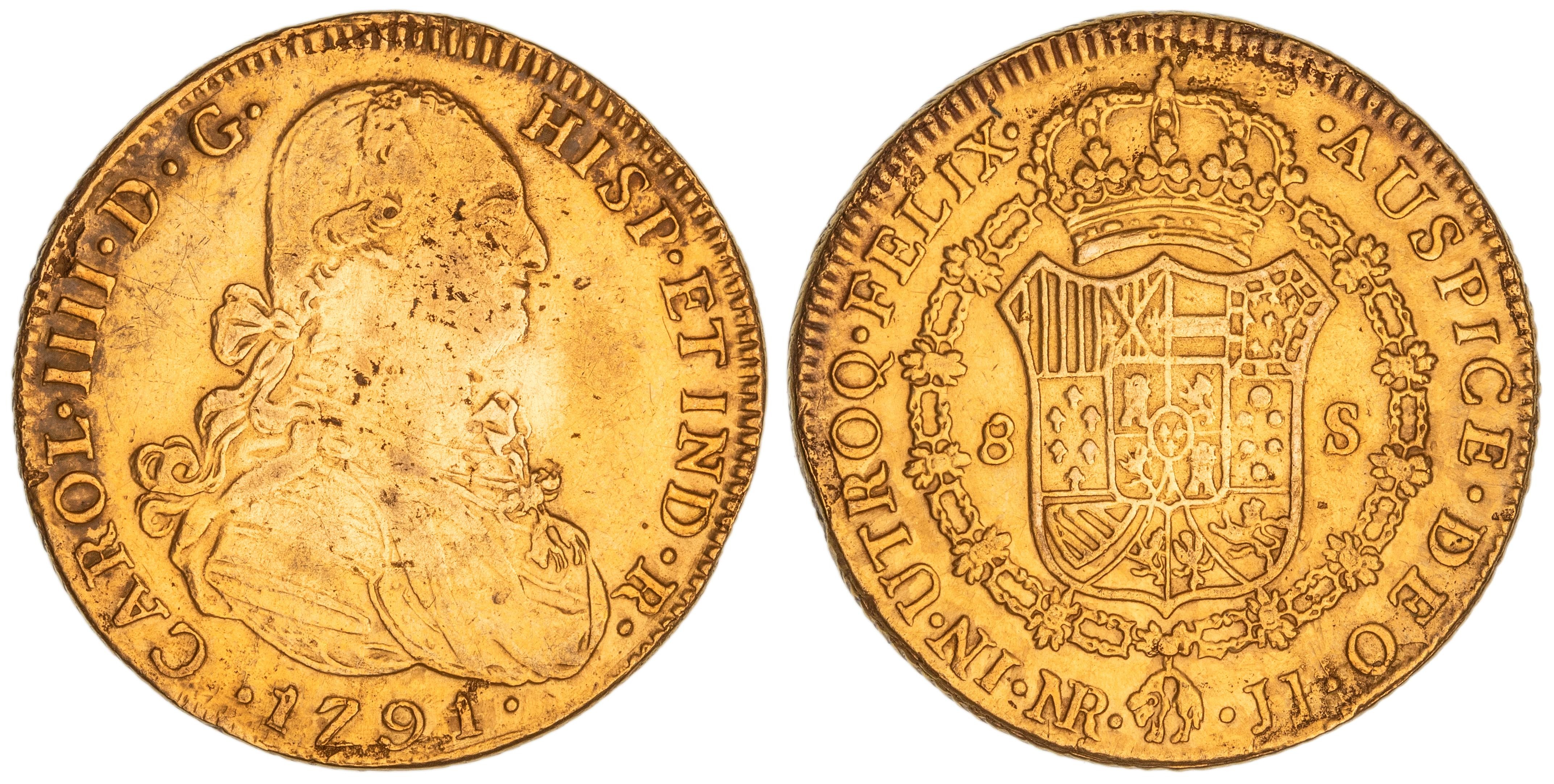 Colombia, Charles IV, Eight Escudos, 1791-JJ, gVF