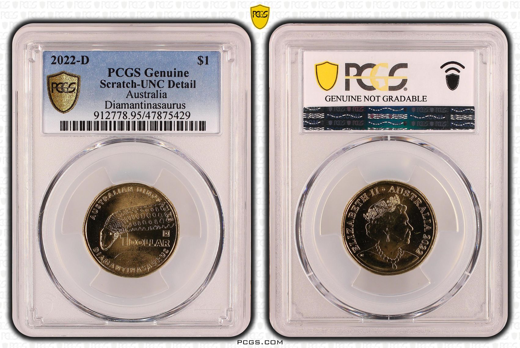 Diamantinasaurus Privy Australian Dinosaurs, One Dollar, 2022-D, PCGS Genuine - UNC Details (95 - Scratch)