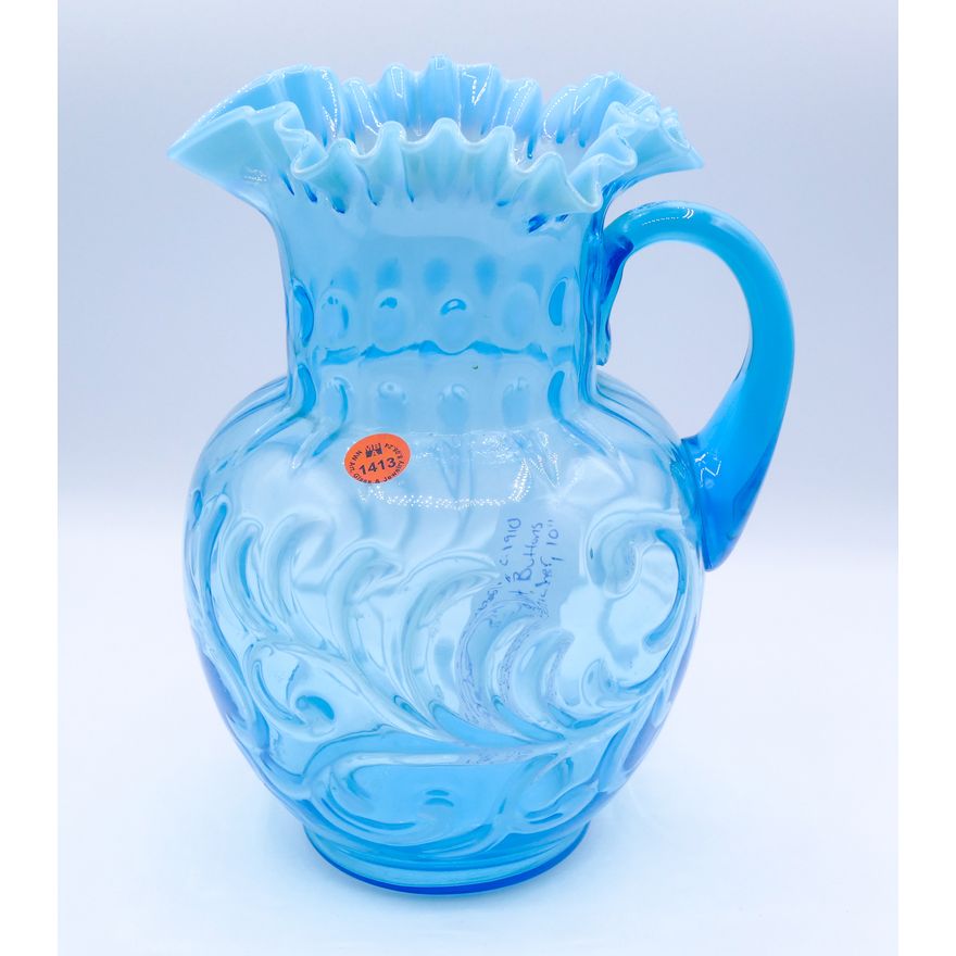 Northwood Blue Opalescent Glass Ruffled Pitcher 9.5''