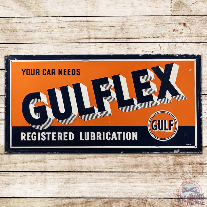 1948 Your Car Needs Gulflex Registered Lubrication SS Tin Sign w/ Logo