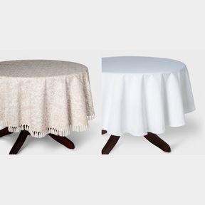 70"R WHITE SEER SUCKER TABLECLOTH WHITE - THRESHOLD™ & 70" DAMASK ROUND TABLECLOTH WITH FRINGE BEIGE - THRESHOLD™