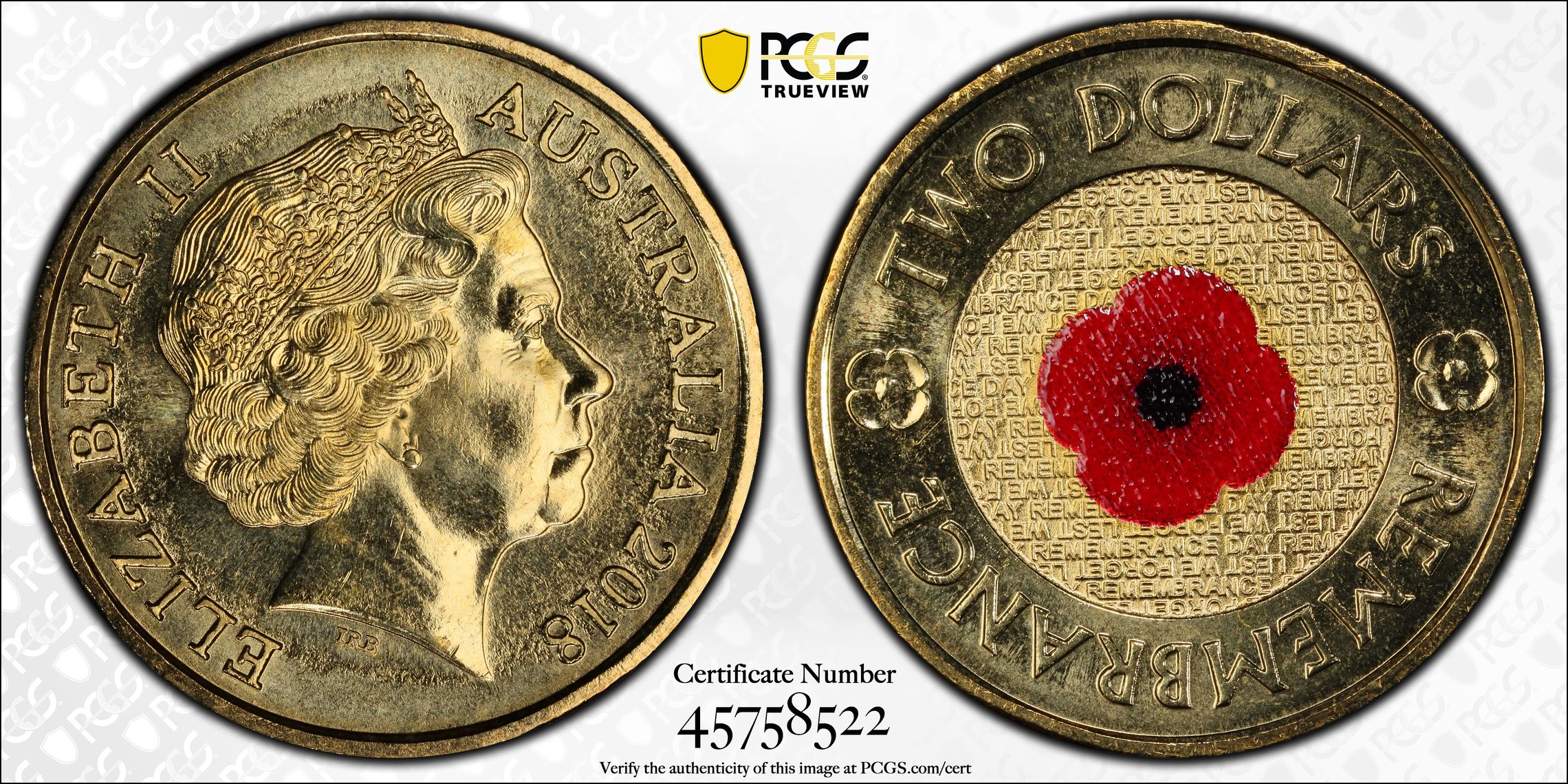 Remembrance Day Red Poppy 30th Ann. $2 Coin, Two Dollar, 2018, PCGS MS67