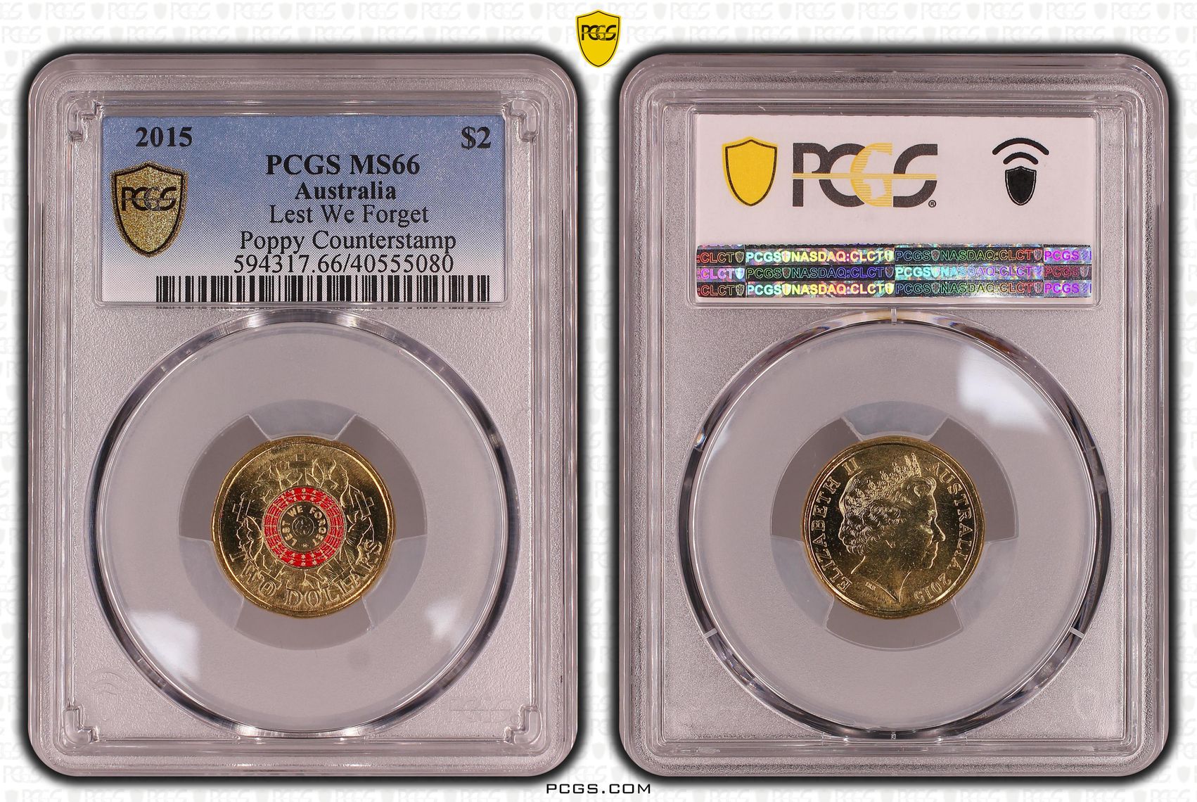 Lest We Forget Colorized Poppy counterstamp, Two Dollar, 2015, PCGS MS66
