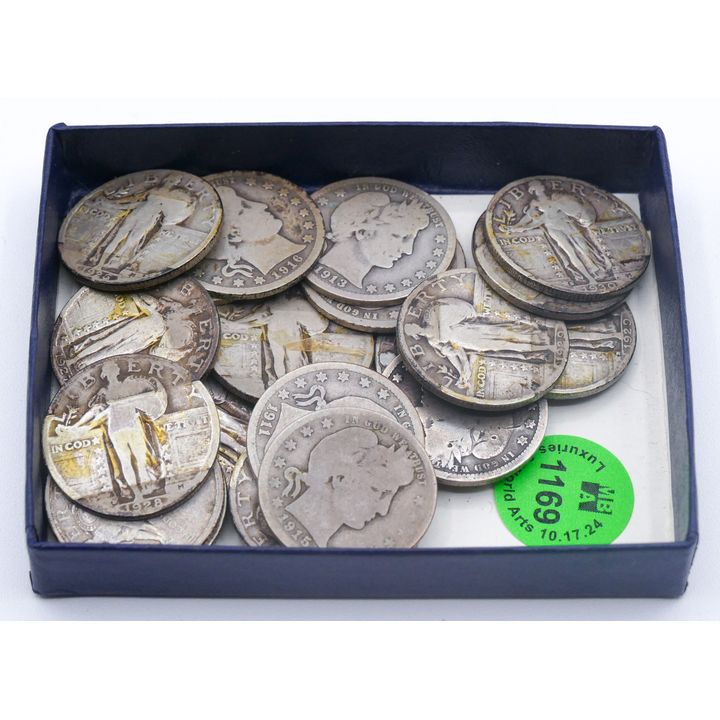 Box 23pc US Barber & Standing Liberty Silver Quarters