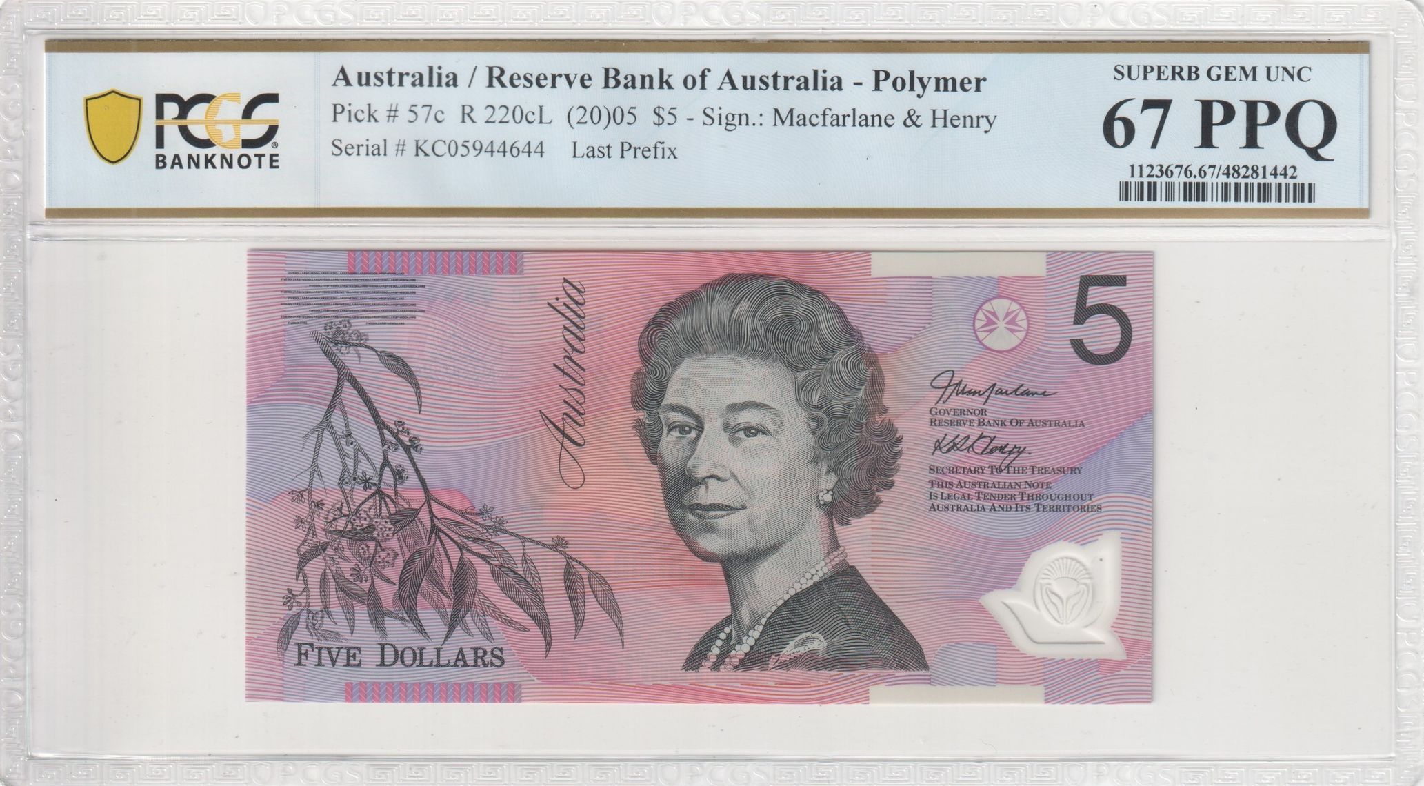 Macfarlane/Henry, Last Prefix, Five Dollar, 2005, PCGS Superb Gem UNC 67 PPQ