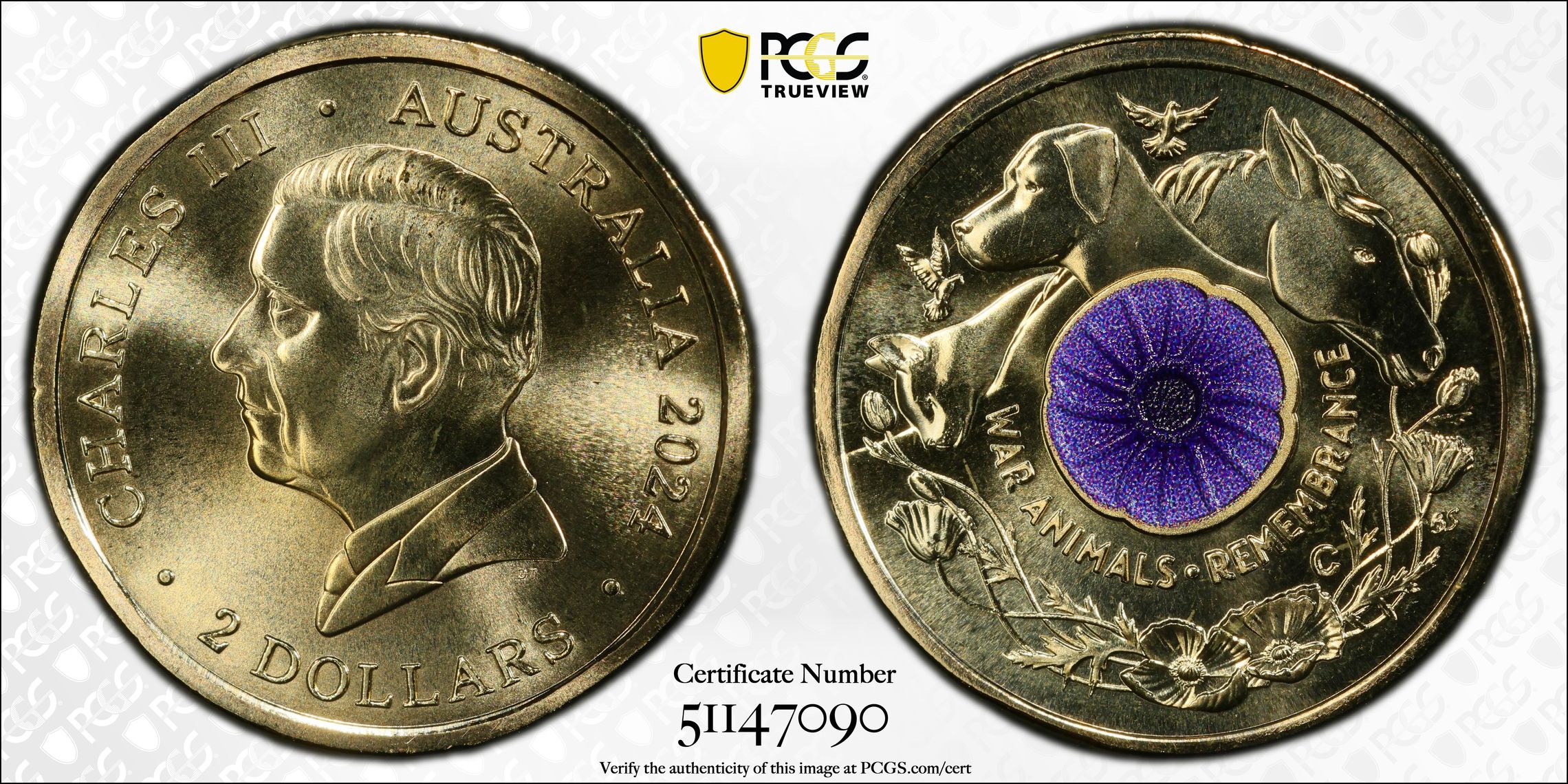 War Animal Remembrance Colorized, Two Dollar, 2024-C, PCGS MS69