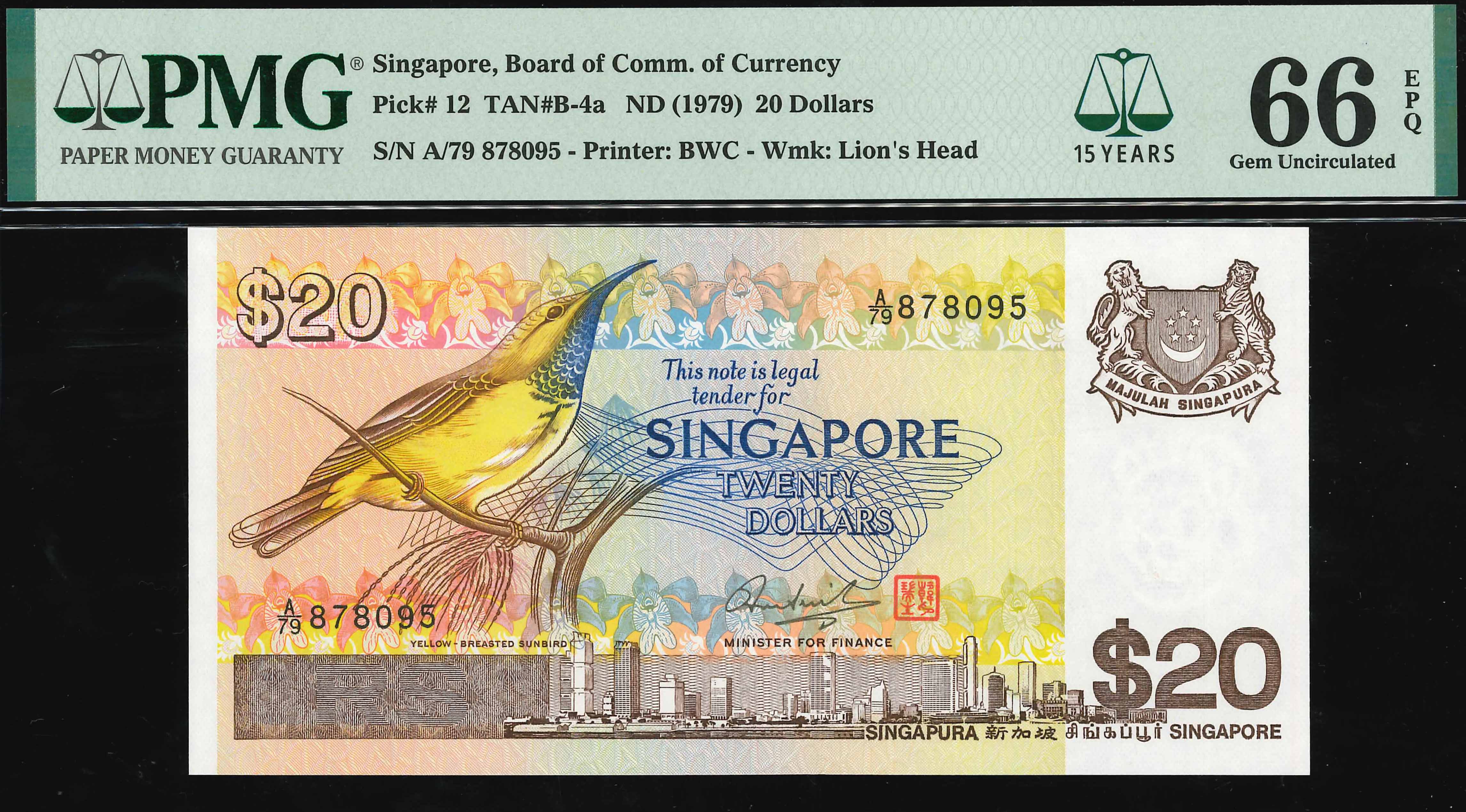 Singapore, 1979, 20 Dollars, P-12, S/N. A/79 878095, PMG 66EPQ 