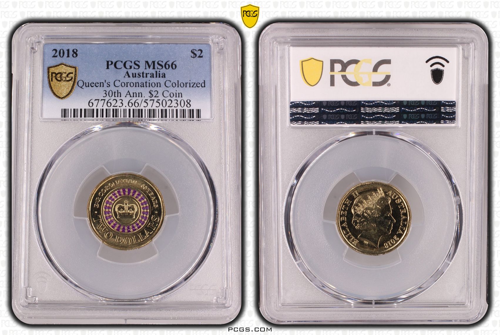 Queen's Coronation Colourised 30th Ann. $2 Coin, Two Dollar, 2018, PCGS MS66