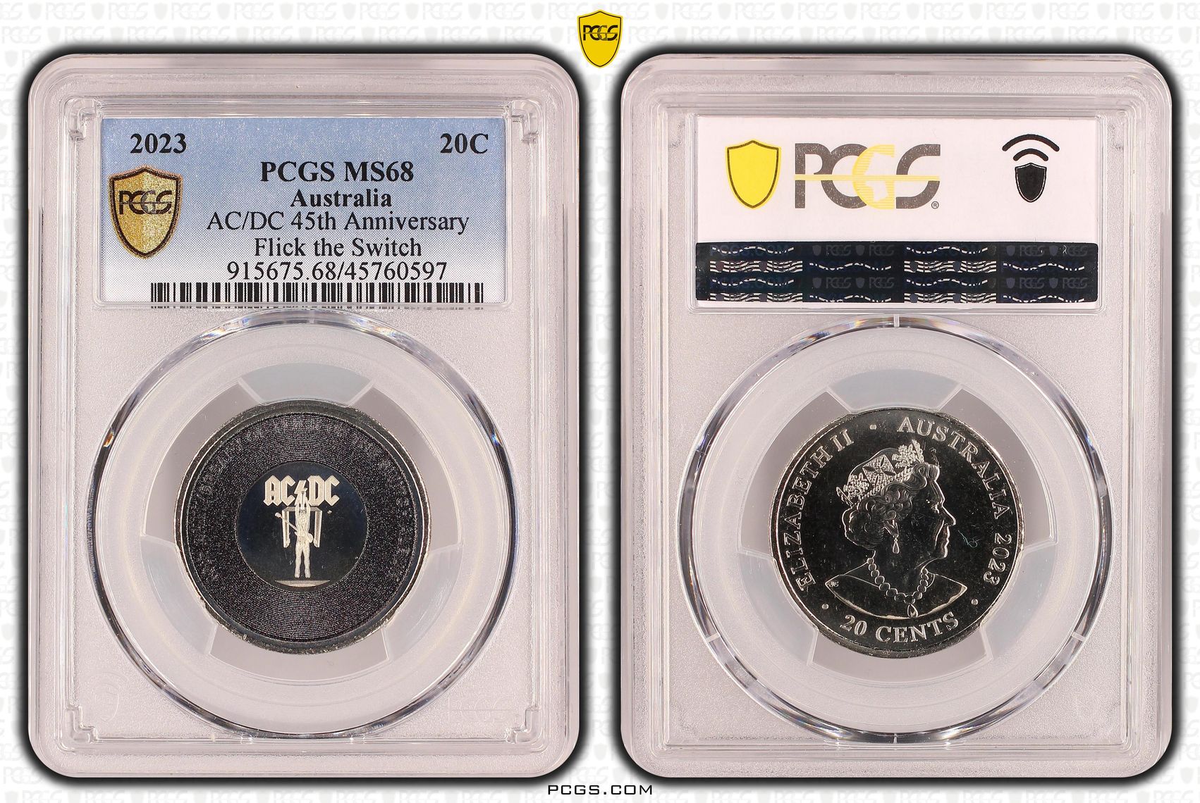 AC/DC 45th Anniversary - Flick the Switch, Twenty Cent, 2023, PCGS MS 68