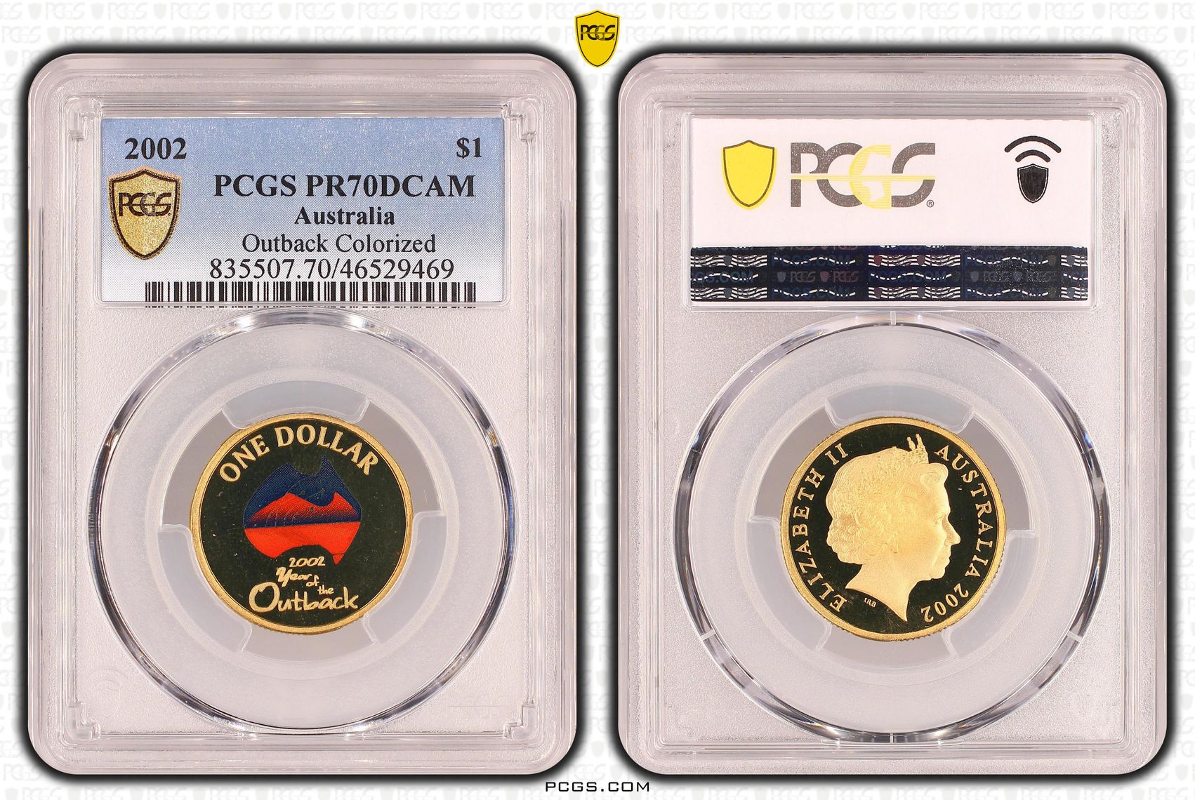 Elizabeth II, Outback Colorized, POP 8/0, One Dollar, 2002, PCGS PR 70DCAM