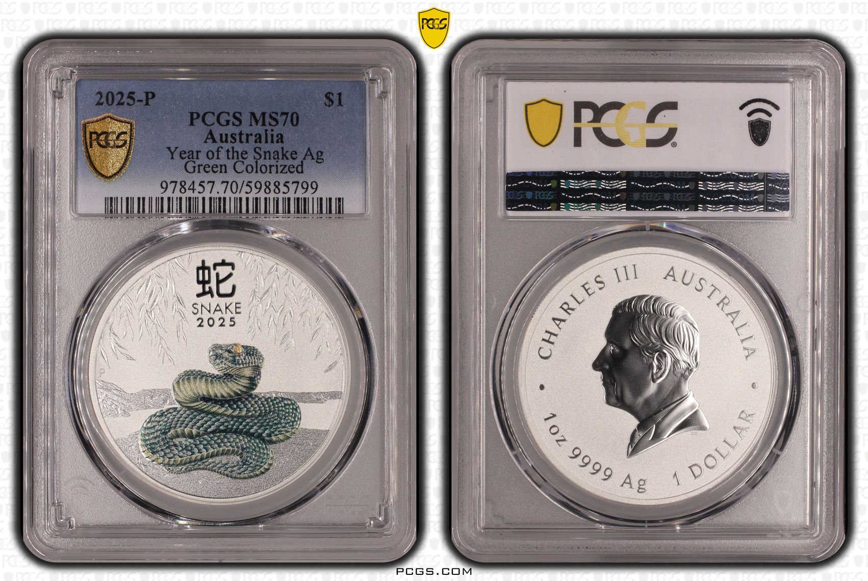 387 · Year of the Snake Silver Green Colourised, POP 8/0, One Dollar, 2025-P, PCGS MS70