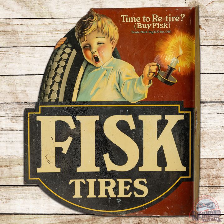 Scarce Fisk Tires "Time to Re-tire?" Double Sided Tin Die Cut Flange Sign w/ Boy