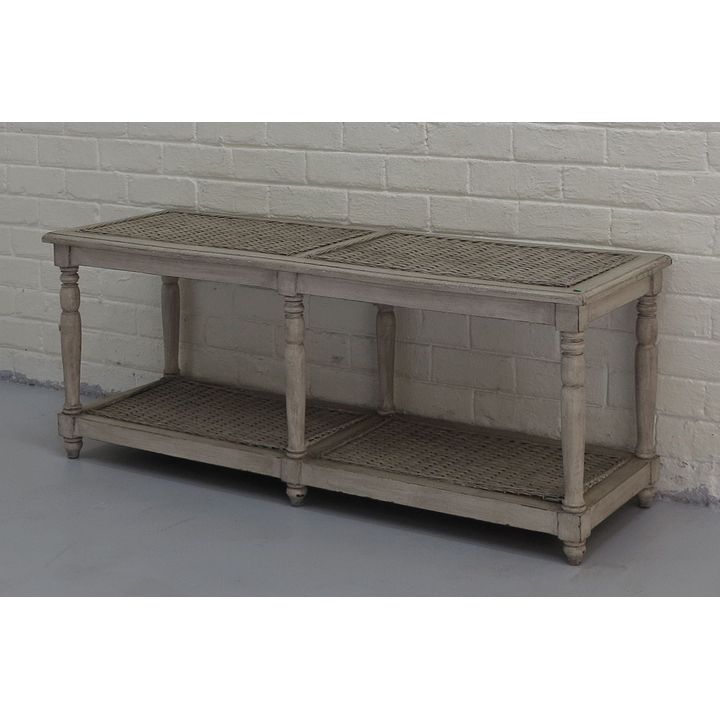 PAINTED WOOD AND RATTAN TWO-TIER COFFEE TABLE
