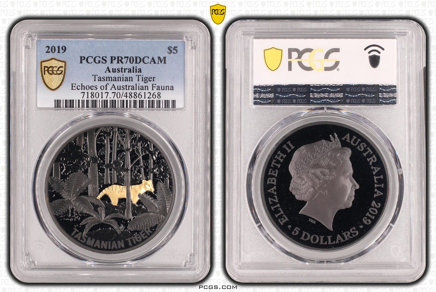 Tasmanian Tiger - Echoes of Australia POP 17/0, Five Dollar, 2019, PCGS PR70DCAM
