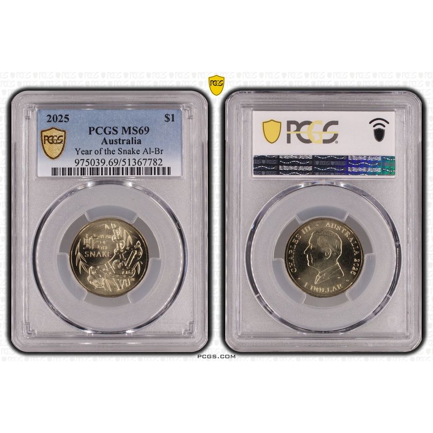 Year of the Snake Al-Br, POP 6/0, One Dollar, 2025, PCGS MS69