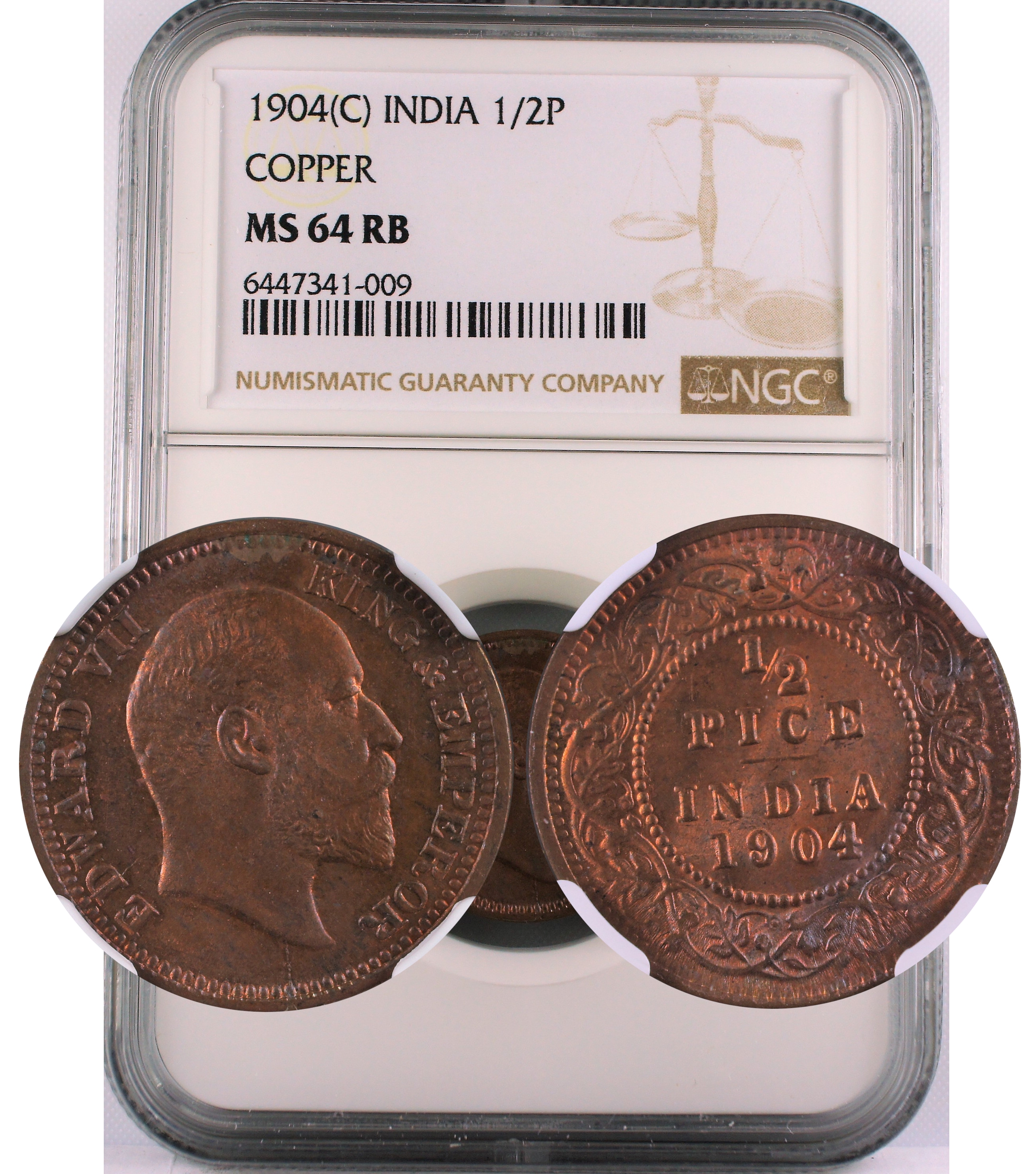 1904 C INDIA 1/2 PICE COPPER MS64 RB