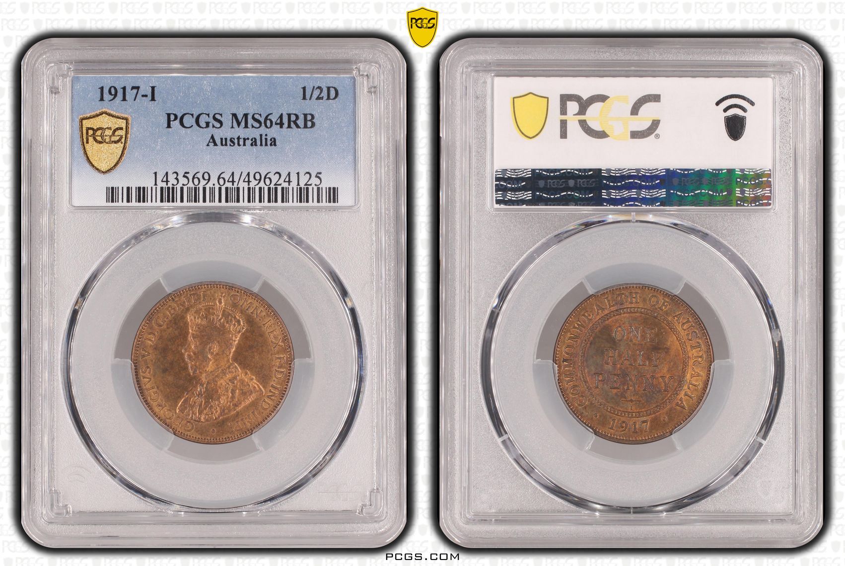 George V, Halfpenny, 1917-I, PCGS MS64RB