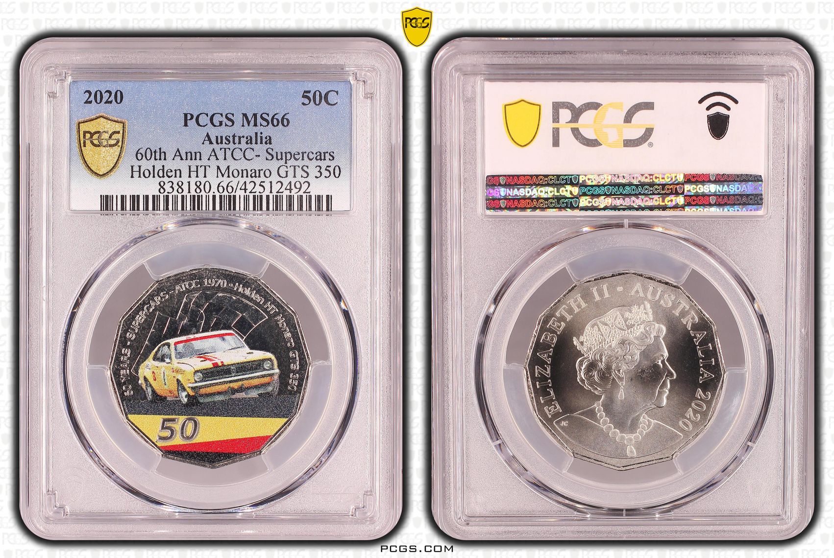 380 · 60th Ann ATCC Colorized Holden HT Monaro GTS 350, Fifty Cent, 2020, PCGS MS66