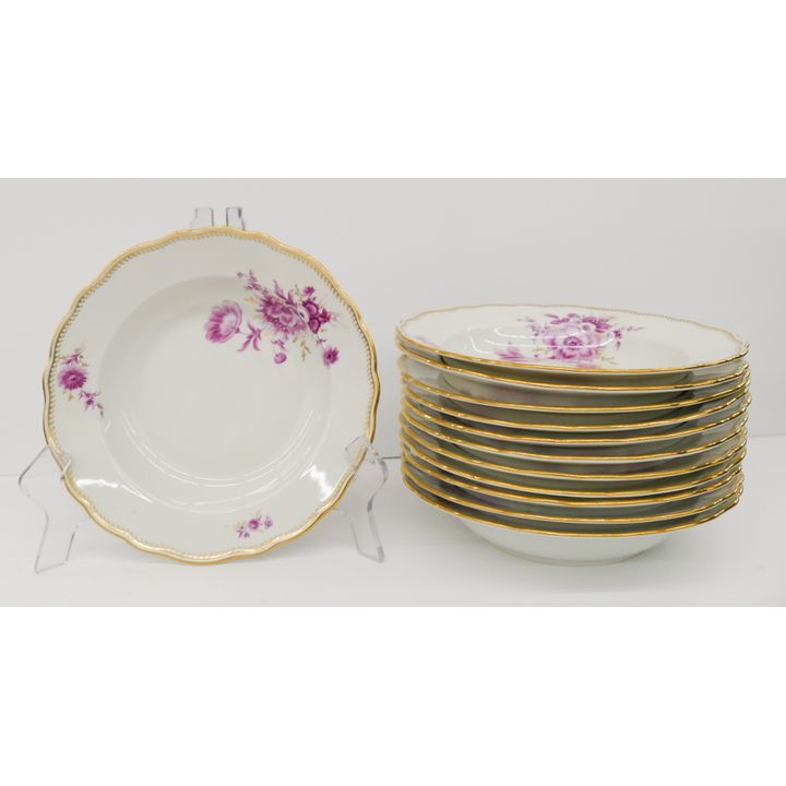 12pc Meissen Pink Flower Porcelain Soup Plates