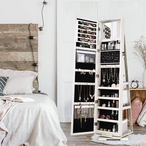 NEW JEWELRY ORGANIZER CABINET MIRROR 360 ROTATING ARMOIRE (WHITE) 122721**