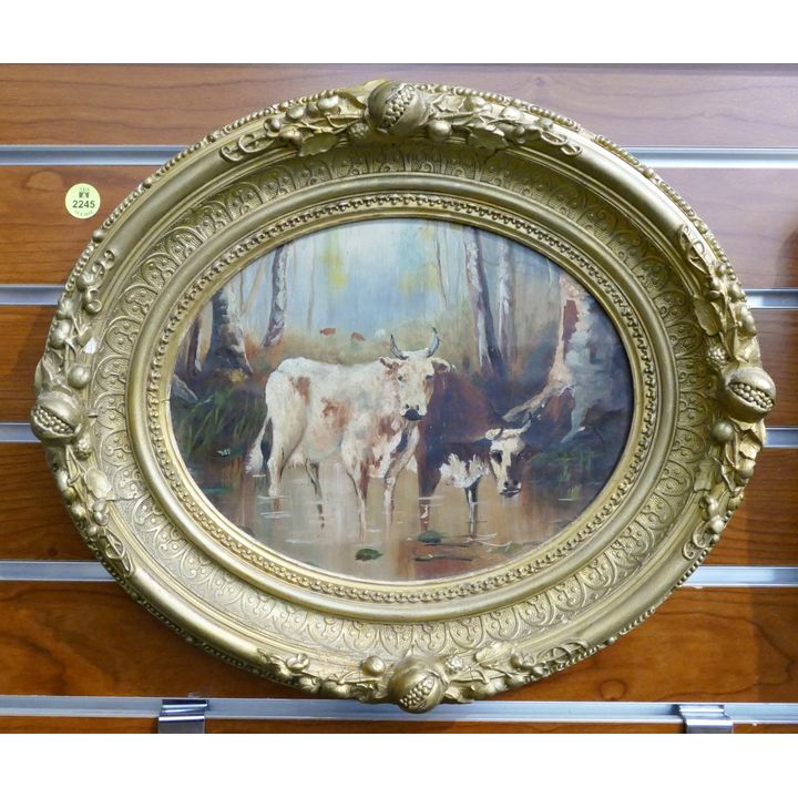 Antique Oval Cow Oil Painting Framed- 13x15''