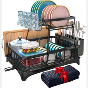 GODBOAT DISH DRYING RACK - DISH RACK WITH DRAINBOARD & MAT, 2-TIER DISH RACKS FOR KITCHEN COUNTER, DISH DRAINER WITH KNIFE, FORK &